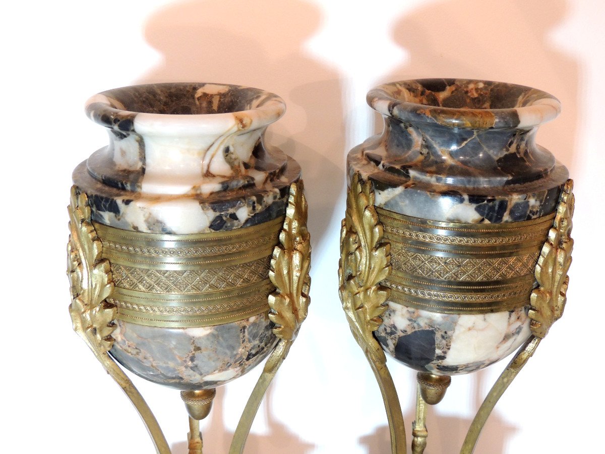 Paire De Cassolettes ,en Marbre Veiné Et Bronze Doré , Piétement Tripode , Napoléon III , 19 ème-photo-4