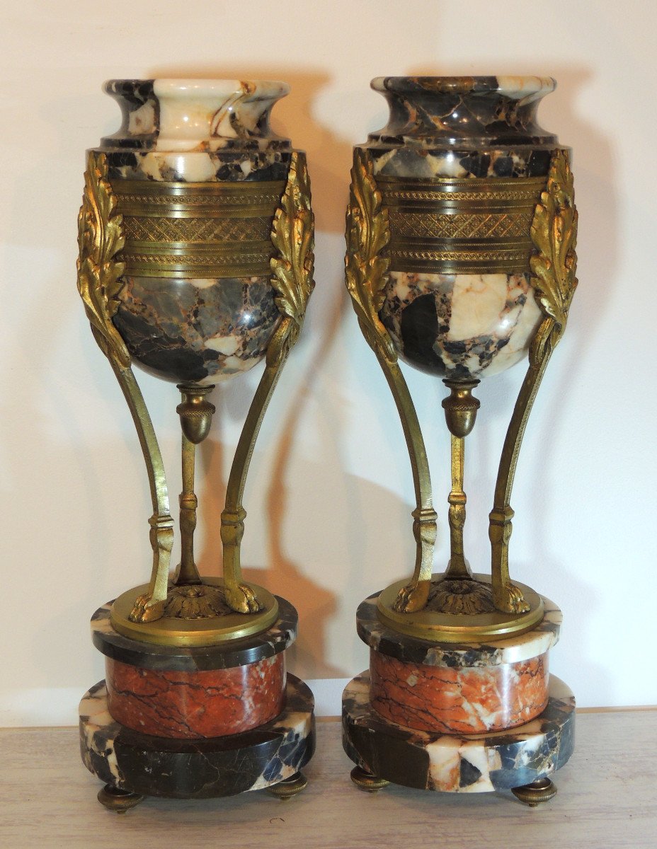Pair Of Casolettes, In Veined Marble And Gilt Bronze, Tripod Base, Napoleon III, 19th