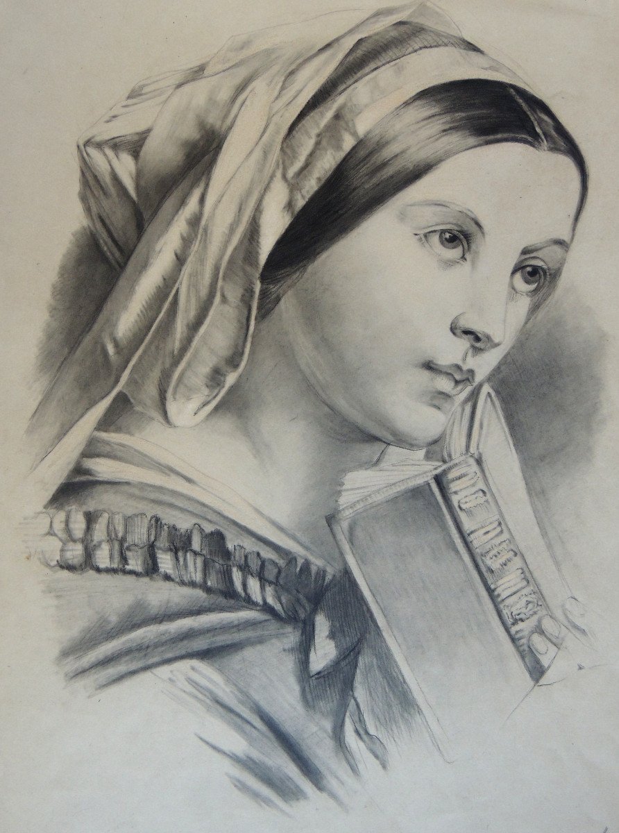 Pencil Drawing, Artist's Proof On Paper Plate No. 50, Portrait Of A Young Woman, 19th-photo-2
