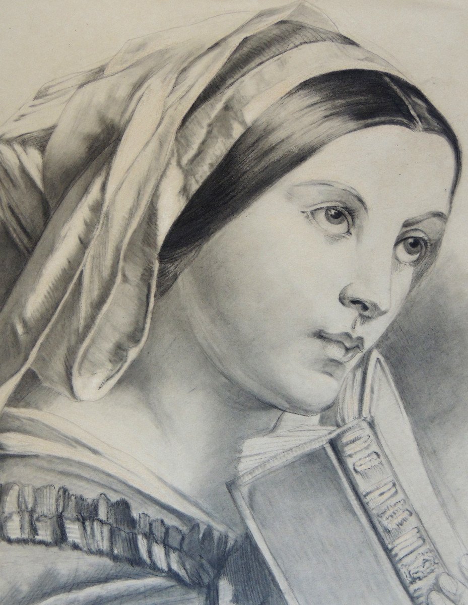 Pencil Drawing, Artist's Proof On Paper Plate No. 50, Portrait Of A Young Woman, 19th-photo-3