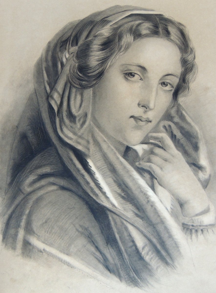Pencil Drawing, Artist's Proof On Paper Plate No. 51, Portrait Of A Young Woman, 19th-photo-2