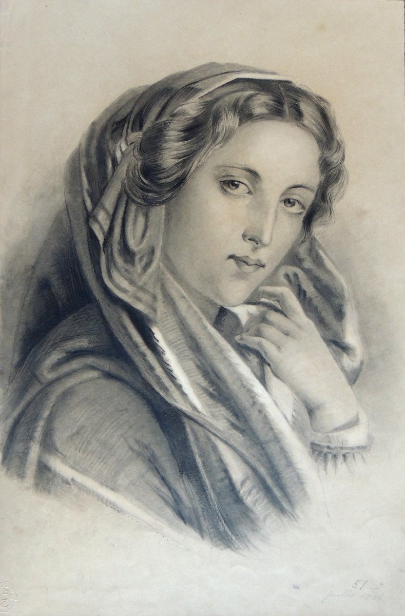 Dessin Au Crayon, épreuve d'Artiste Sur Papier Planche N° 51, Portrait d'Une Jeune Femme,19 ème