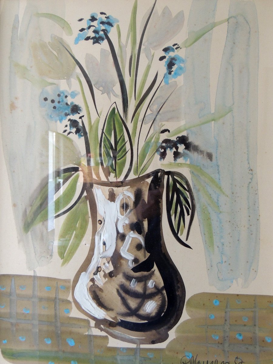 Watercolor On Paper, By The Painter Roger Maureso 1924 1981, Bouquet Of Flowers, 20th-photo-4