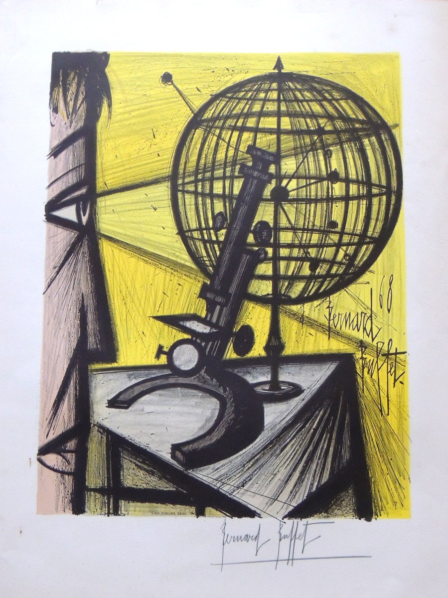 Lithograhie Originale Signée Par Bernard Buffet , Le Microscope 1968 , Sorlier Graveur , 20 ème