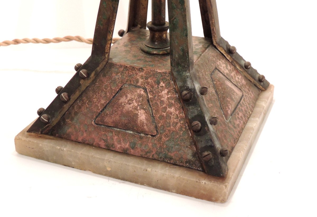 Tiffany Lamp Base, Bronze Copper And Brass, Light Fixture Offered Without Hat, Early 20th Century, -photo-2
