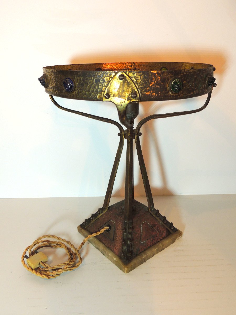 Tiffany Lamp Base, Bronze Copper And Brass, Light Fixture Offered Without Hat, Early 20th Century, -photo-3
