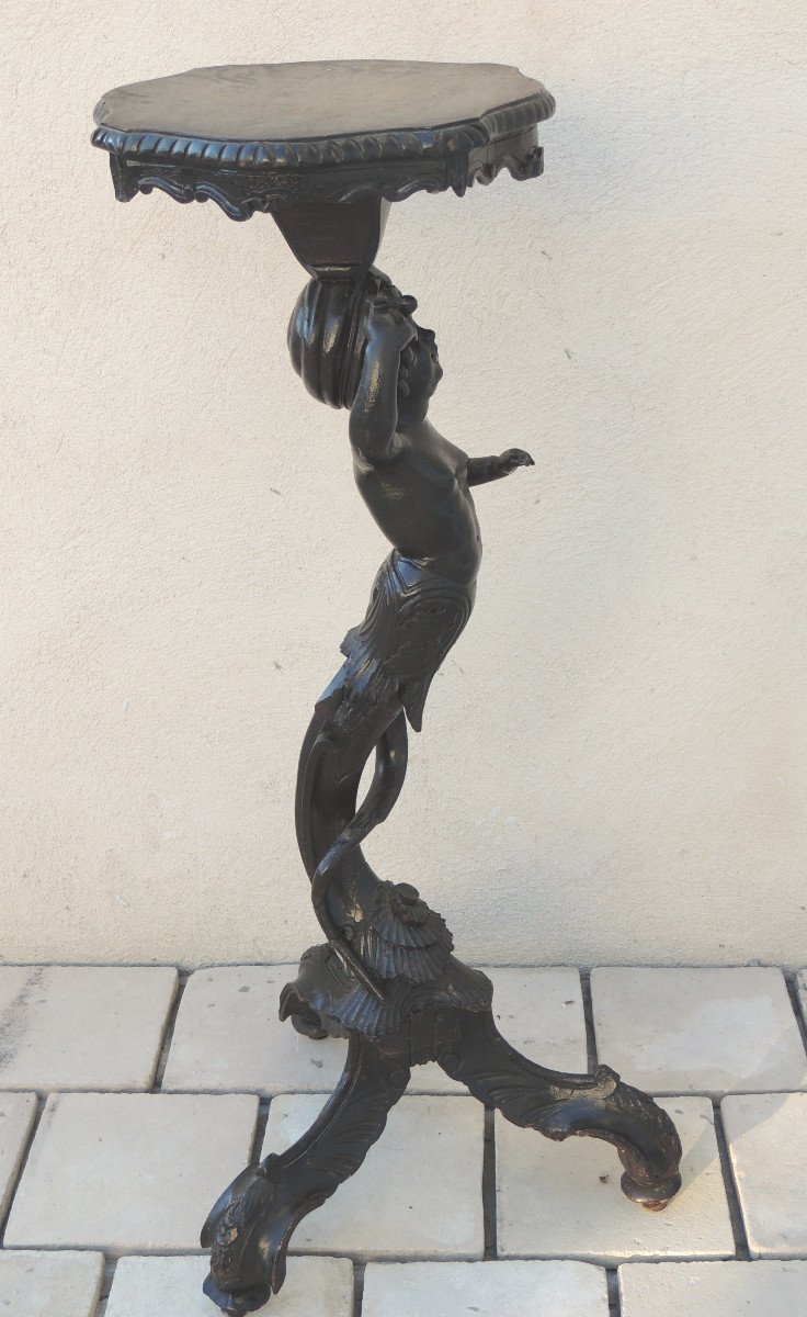 Scelette, Wooden Column, Putti Decor Model Bacchus With Grapes, On Tripod Feet, 19th -photo-3