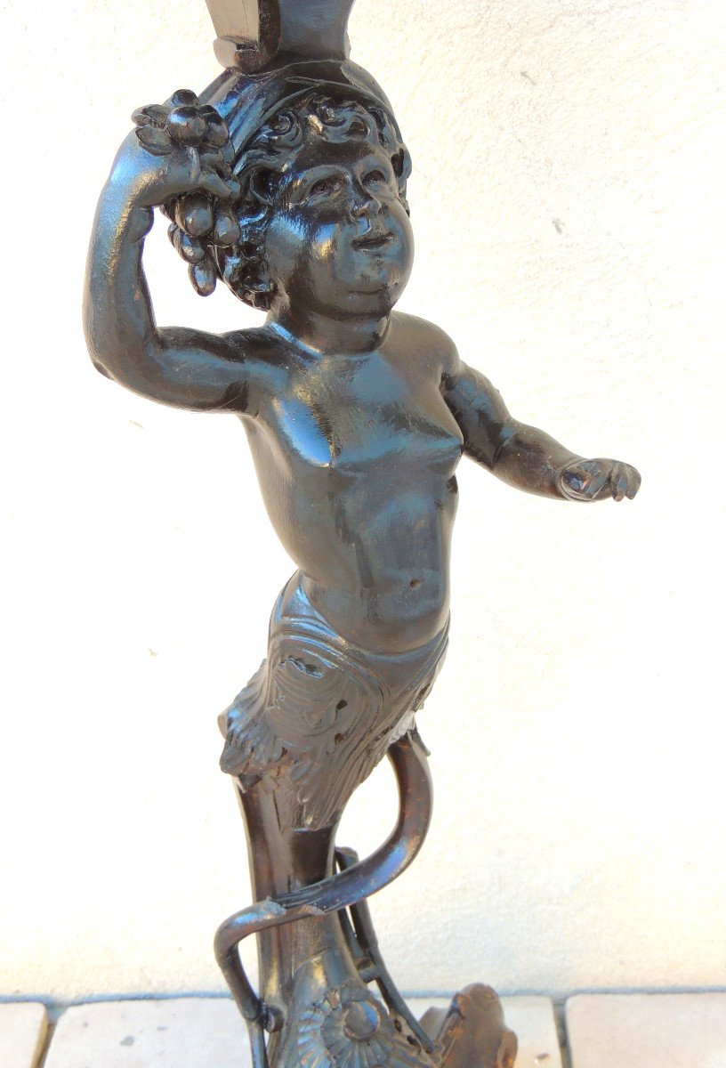 Scelette, Wooden Column, Putti Decor Model Bacchus With Grapes, On Tripod Feet, 19th -photo-3