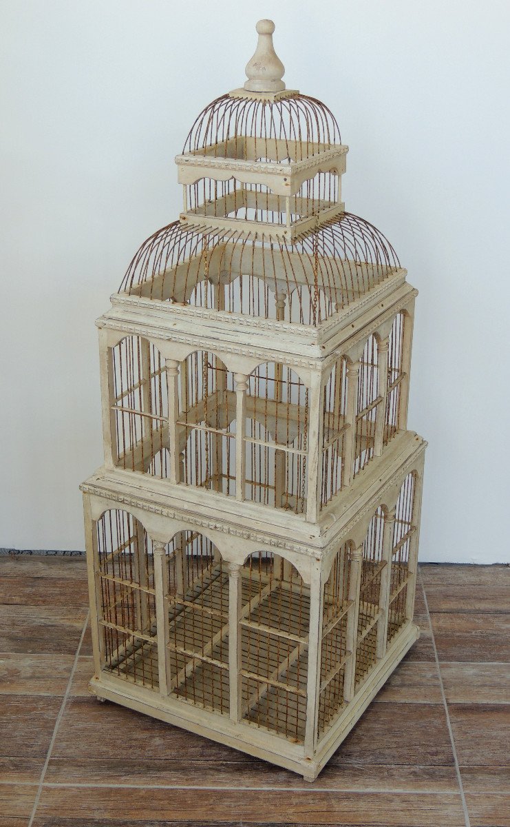 Cage à Oiseaux En Bois Peint Et Tiges De Fer  Fin 19 ème , 1 M 05 De Hauteur -photo-4
