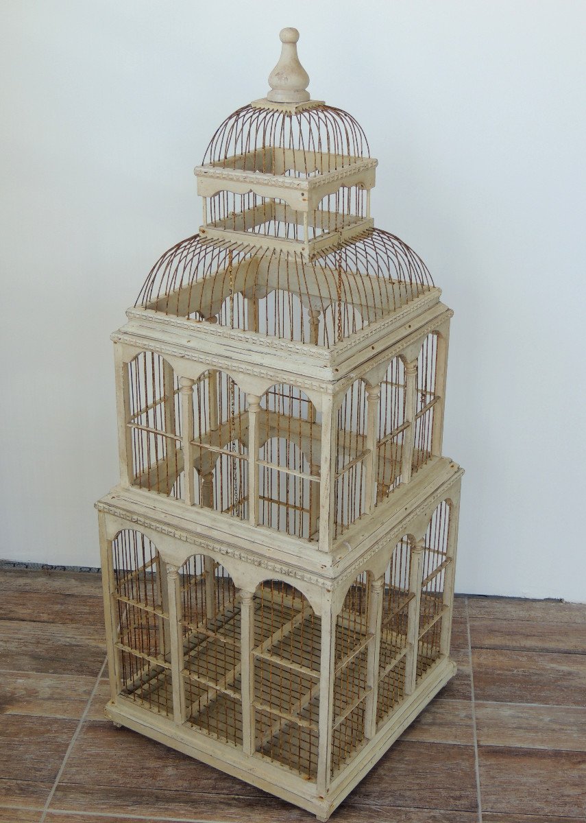 Cage à Oiseaux En Bois Peint Et Tiges De Fer  Fin 19 ème , 1 M 05 De Hauteur -photo-3
