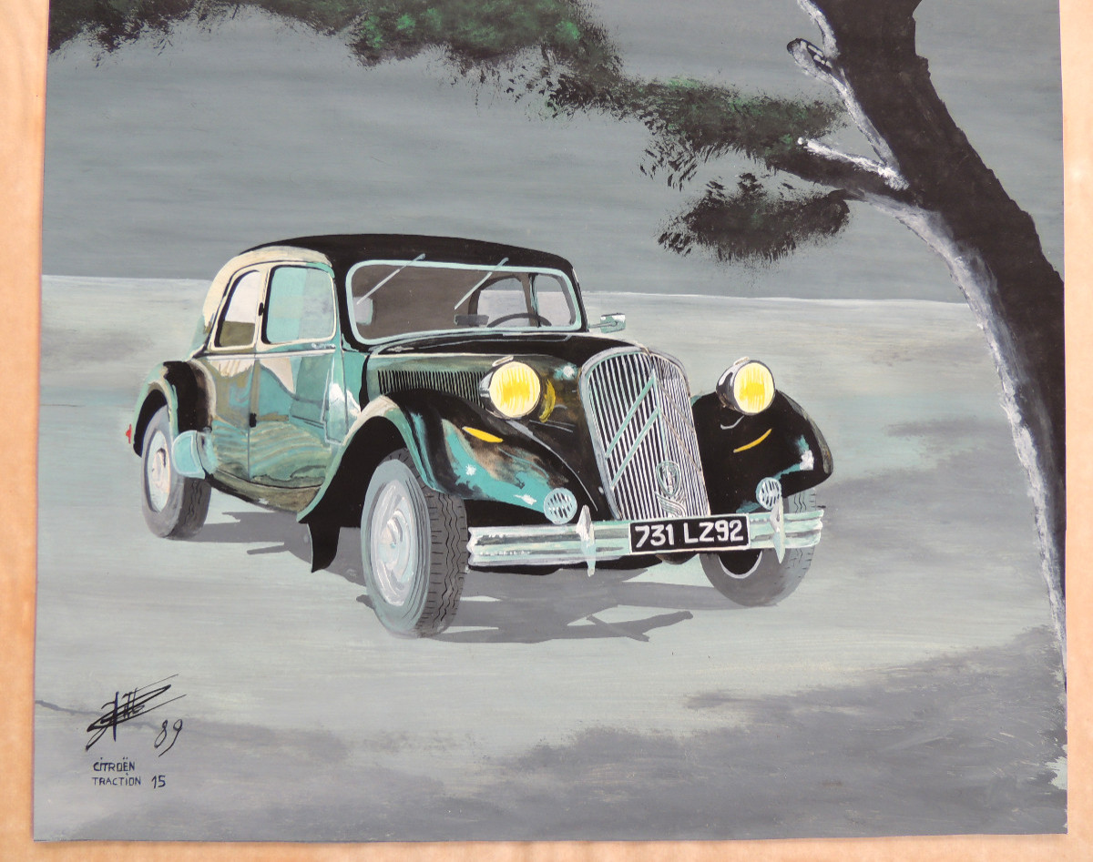 Painting On Paper With Indian Ink And White Highlights, Citroën Traction 15 Signed From 1989-photo-3