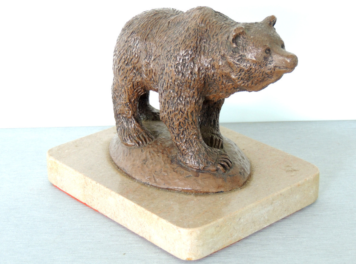 Ours ,  grizzly , Sculpture Animalière , Sur Une Base En Marbre , 20 ème-photo-1