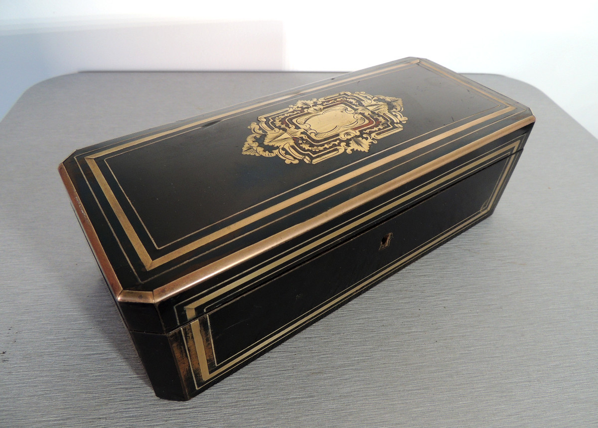 Box, Glove Box Boulle Decoration, Blackened Wood, Brass And Tortoiseshell Marquetry, 19th Century-photo-2