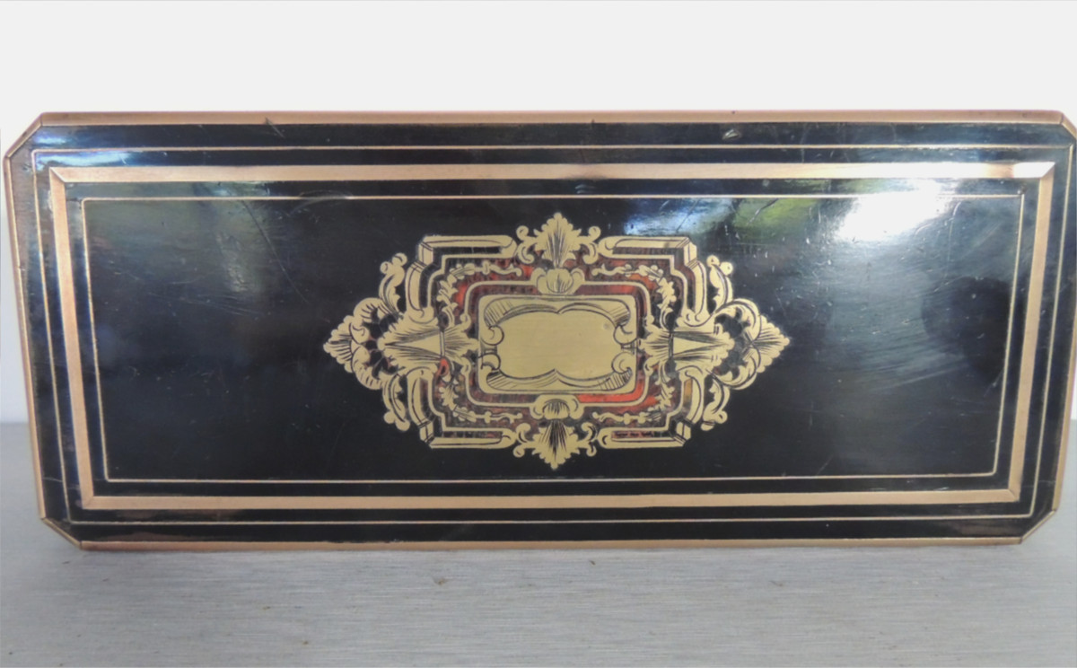 Box, Glove Box Boulle Decoration, Blackened Wood, Brass And Tortoiseshell Marquetry, 19th Century-photo-4