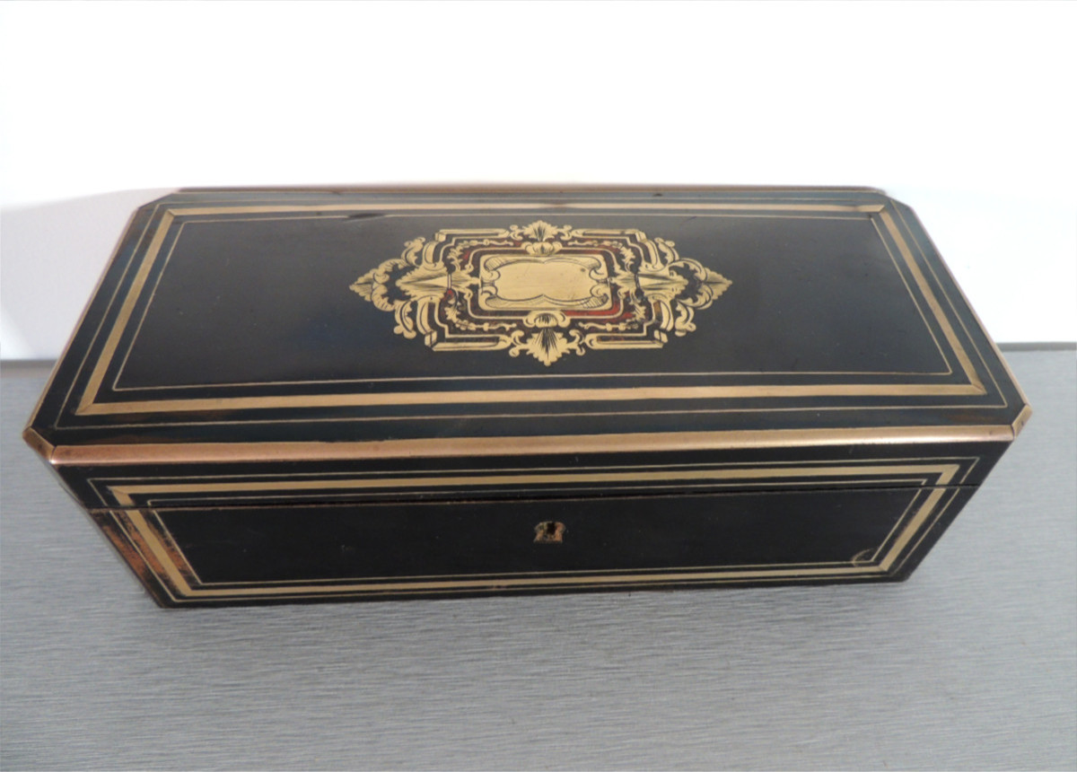 Box, Glove Box Boulle Decoration, Blackened Wood, Brass And Tortoiseshell Marquetry, 19th Century