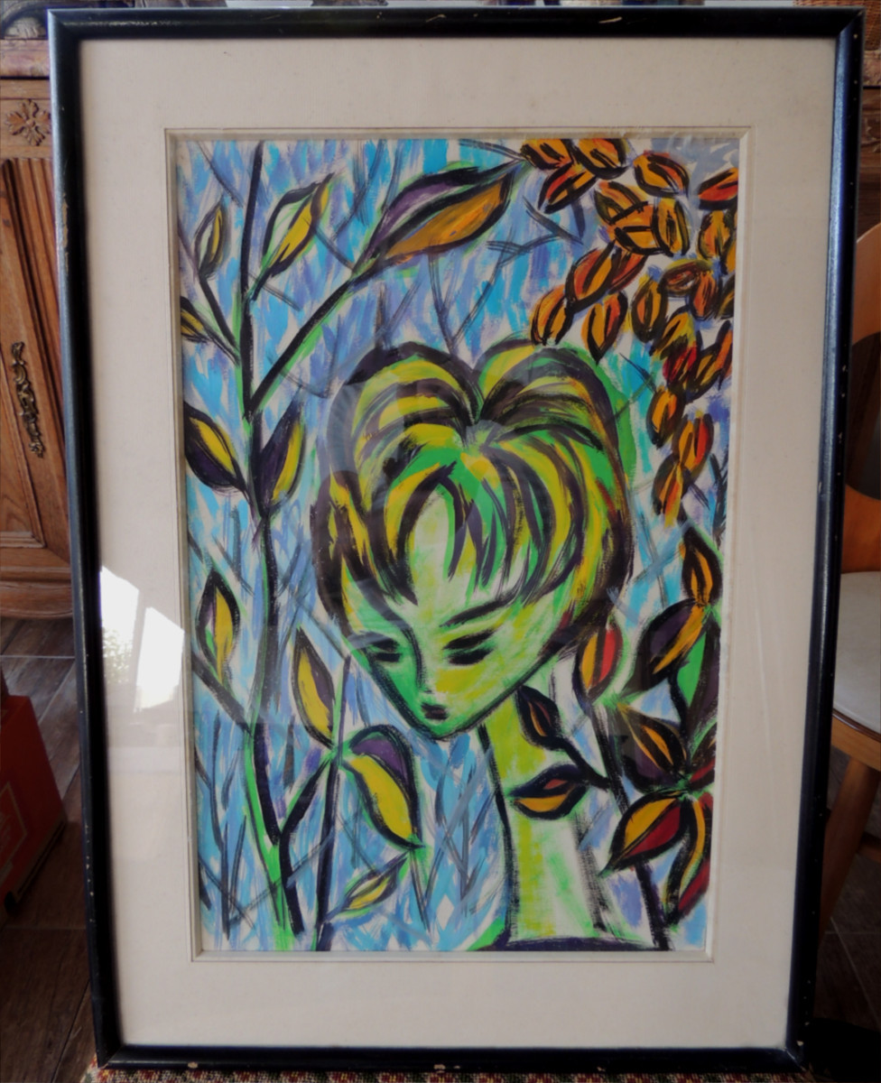 Peinture Sur Papier Portrait Stylisé d'Une Jeune Femme Au Milieu De La Verdure  ,1970  , 20 ème-photo-2