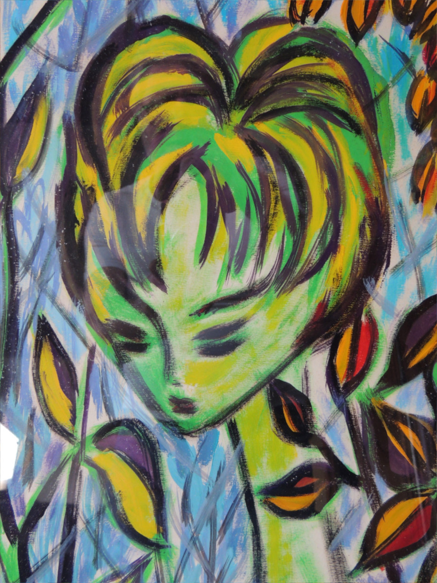 Peinture Sur Papier Portrait Stylisé d'Une Jeune Femme Au Milieu De La Verdure  ,1970  , 20 ème-photo-3