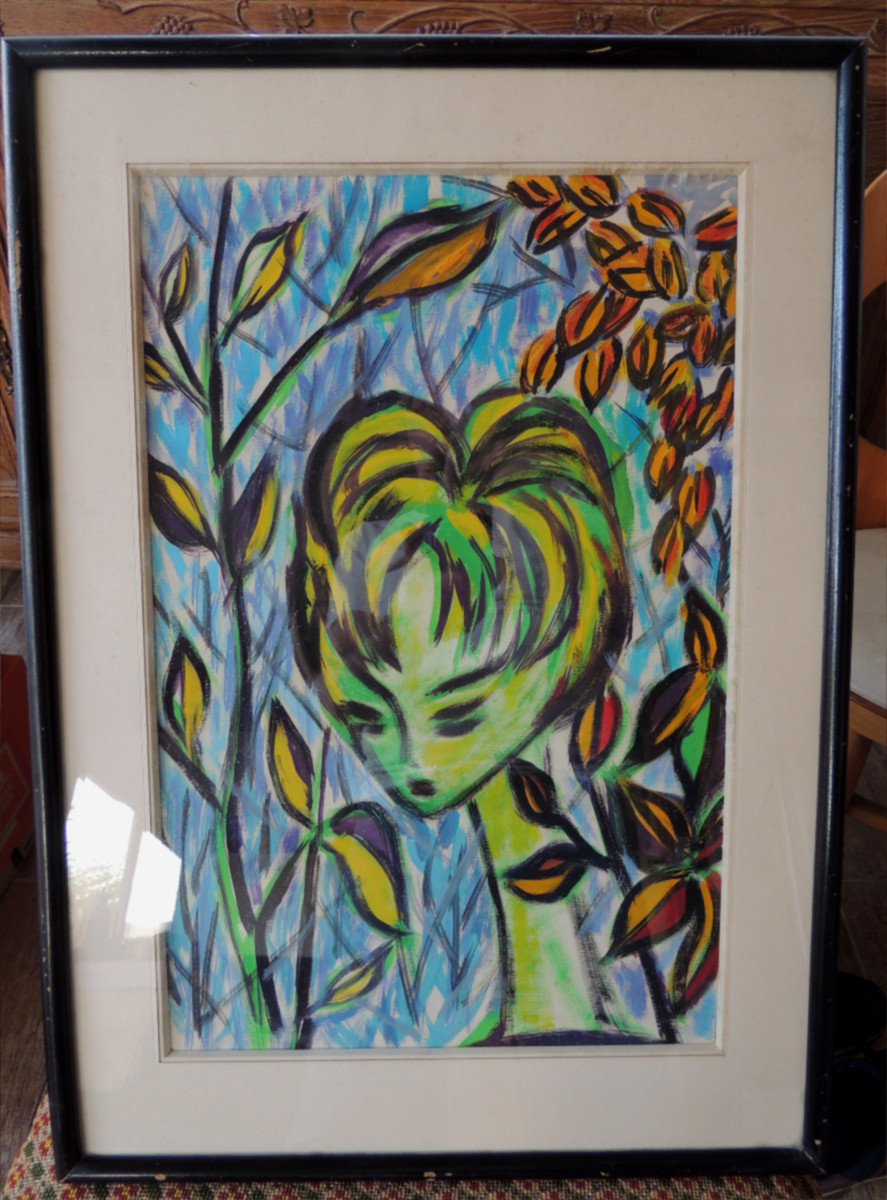 Peinture Sur Papier Portrait Stylisé d'Une Jeune Femme Au Milieu De La Verdure  ,1970  , 20 ème