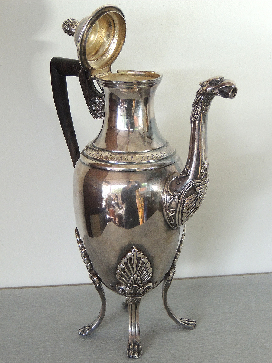 Silver-plated Metal Teapot And Coffee Pot With Acanthus Leaf Decoration, Empire, 19th Century -photo-3