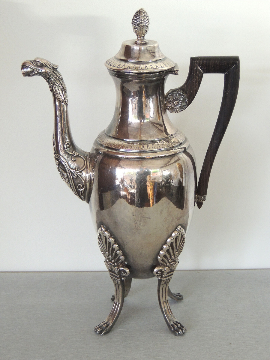 Silver-plated Metal Teapot And Coffee Pot With Acanthus Leaf Decoration, Empire, 19th Century 