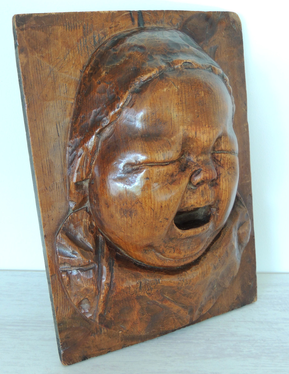 sculpture , sulpture  sur bois de noyer , bébé pleureur , du 19 ème siècle-photo-4