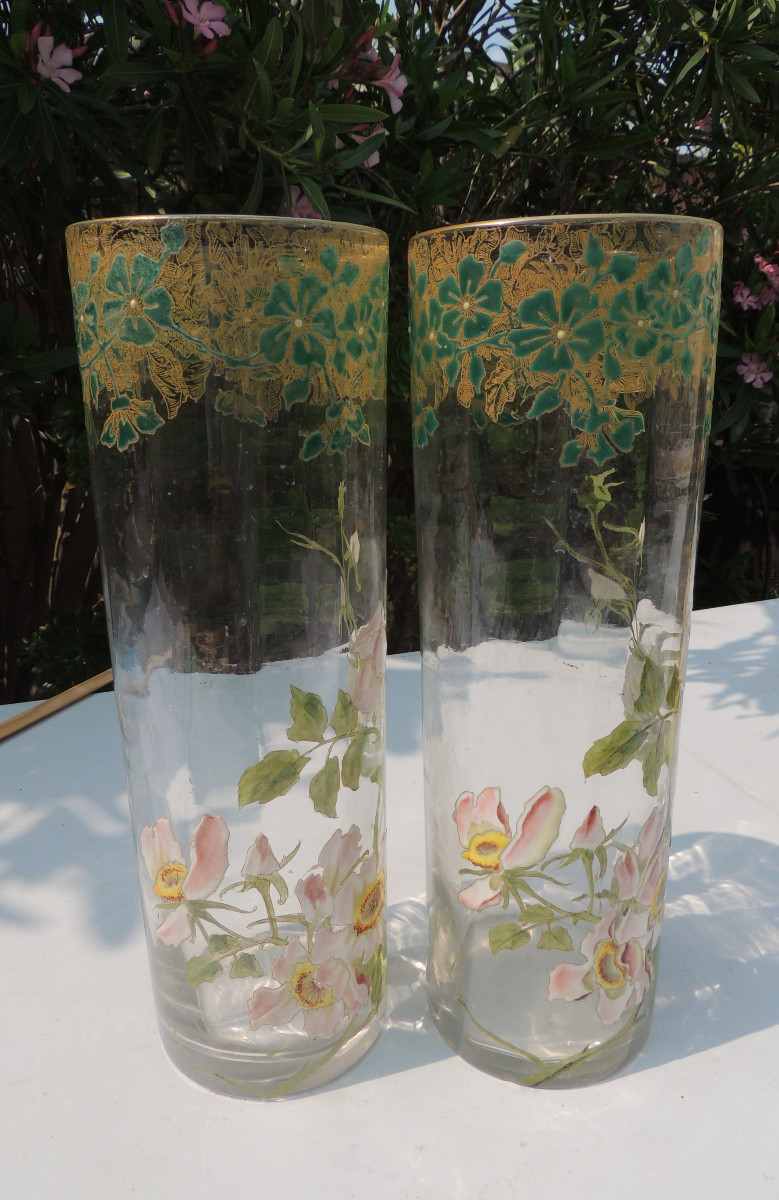 Pair Of Enamelled Glass Vases, Scroll Vases Decorated With Anemone Flowers, Art Nouveau, 20th Century -photo-2
