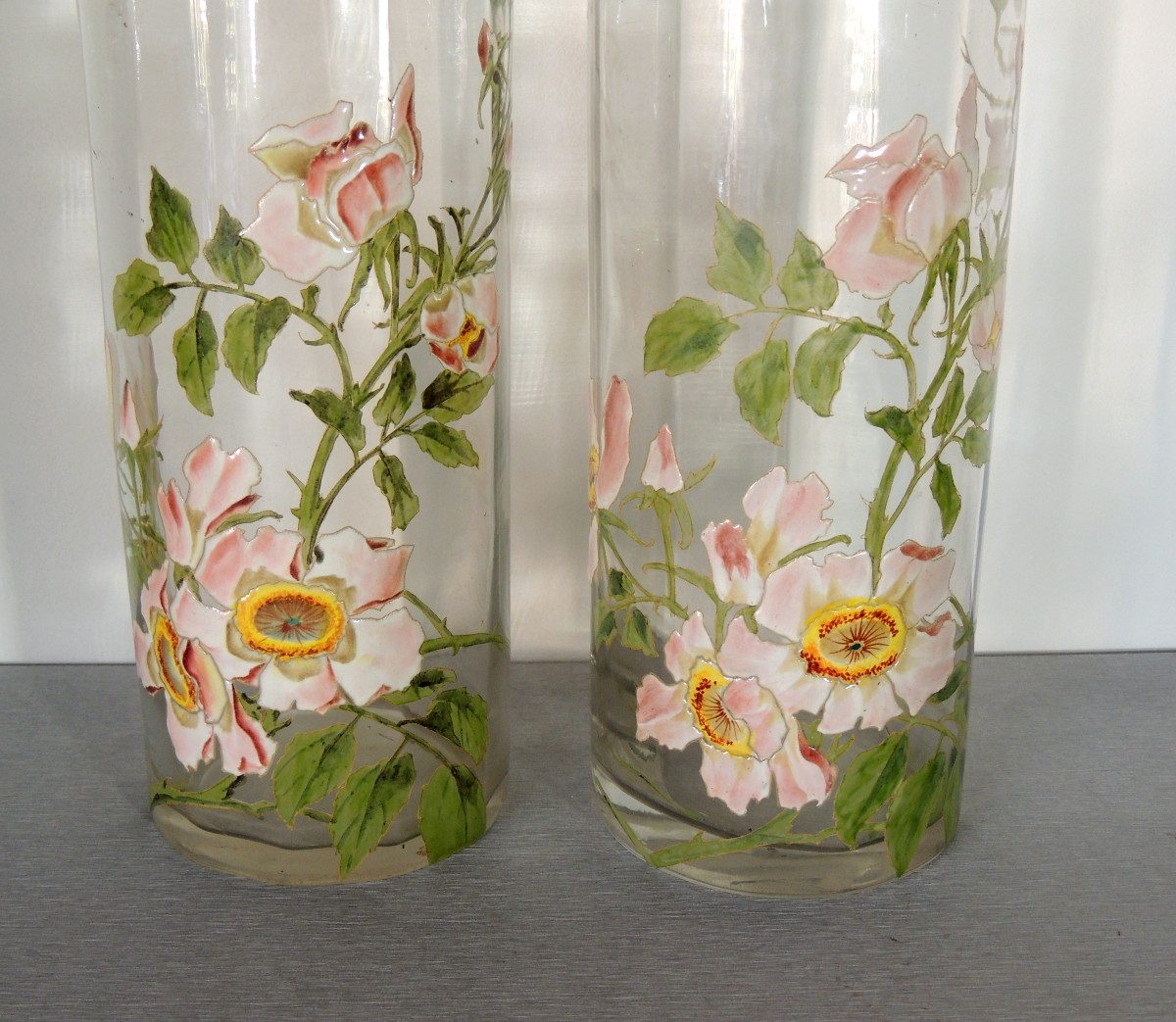 Pair Of Enamelled Glass Vases, Scroll Vases Decorated With Anemone Flowers, Art Nouveau, 20th Century -photo-3
