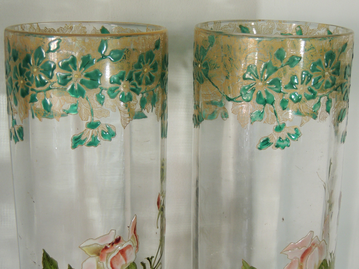 Pair Of Enamelled Glass Vases, Scroll Vases Decorated With Anemone Flowers, Art Nouveau, 20th Century -photo-4