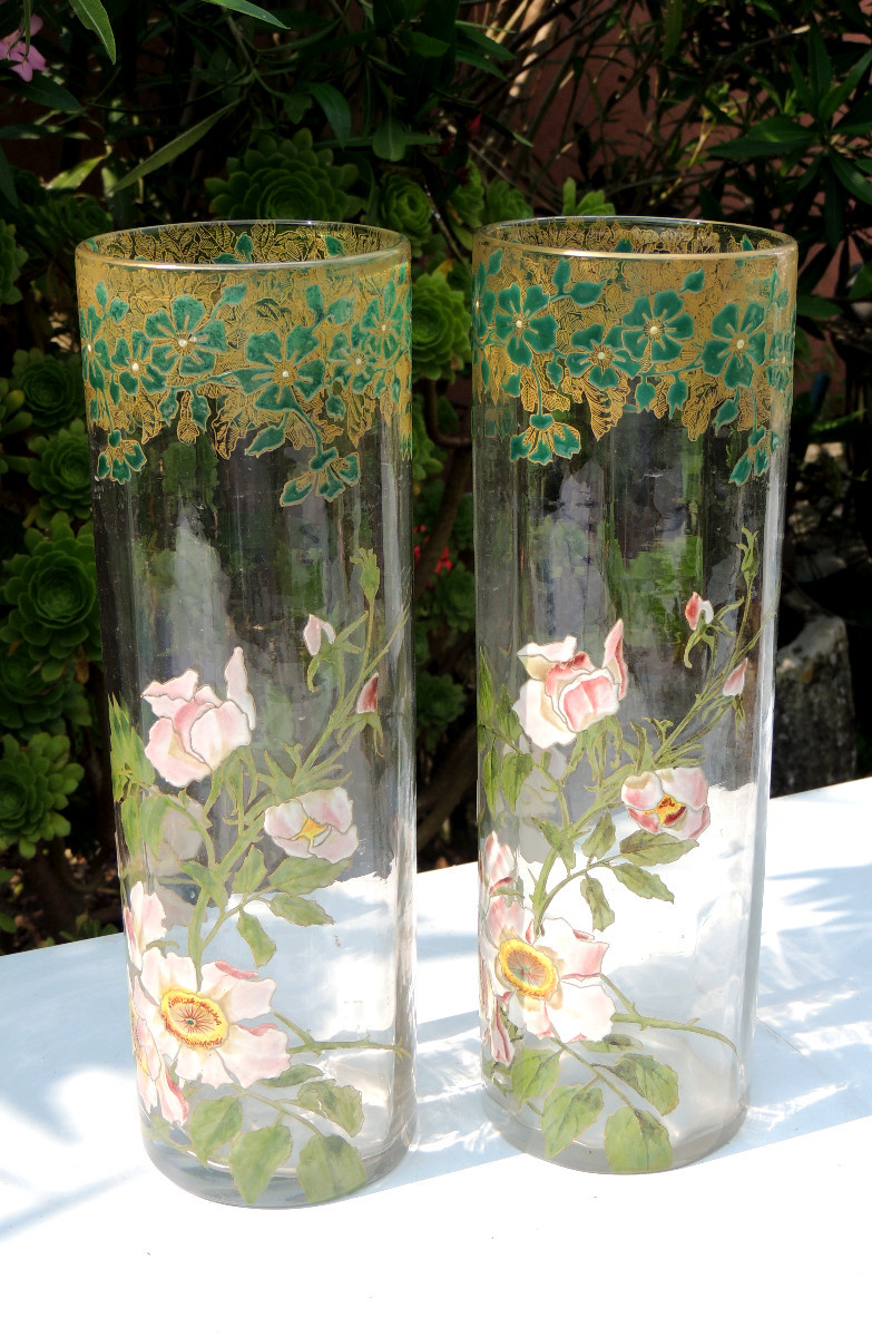 Pair Of Enamelled Glass Vases, Scroll Vases Decorated With Anemone Flowers, Art Nouveau, 20th Century -photo-1