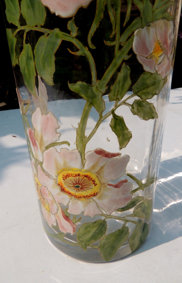 Pair Of Enamelled Glass Vases, Scroll Vases Decorated With Anemone Flowers, Art Nouveau, 20th Century -photo-4