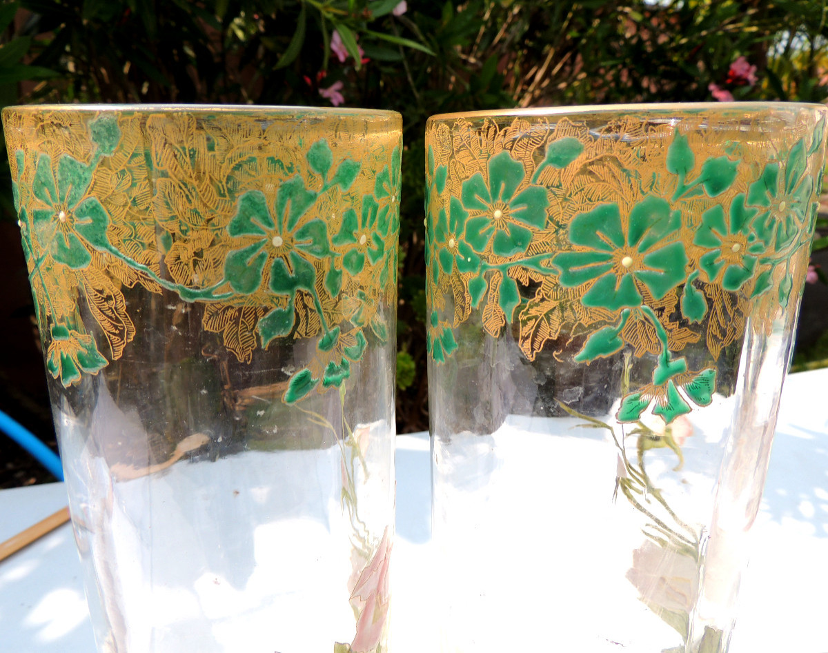 Pair Of Enamelled Glass Vases, Scroll Vases Decorated With Anemone Flowers, Art Nouveau, 20th Century -photo-5