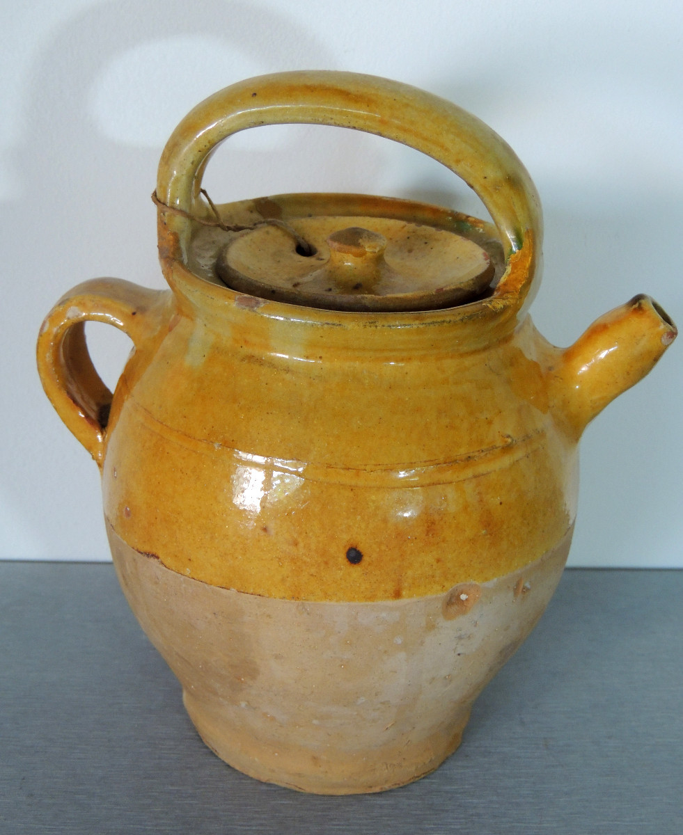 Glazed Pottery Small Oil Jug From The South Of France, Garoulette, 19th Century Folk Art-photo-1