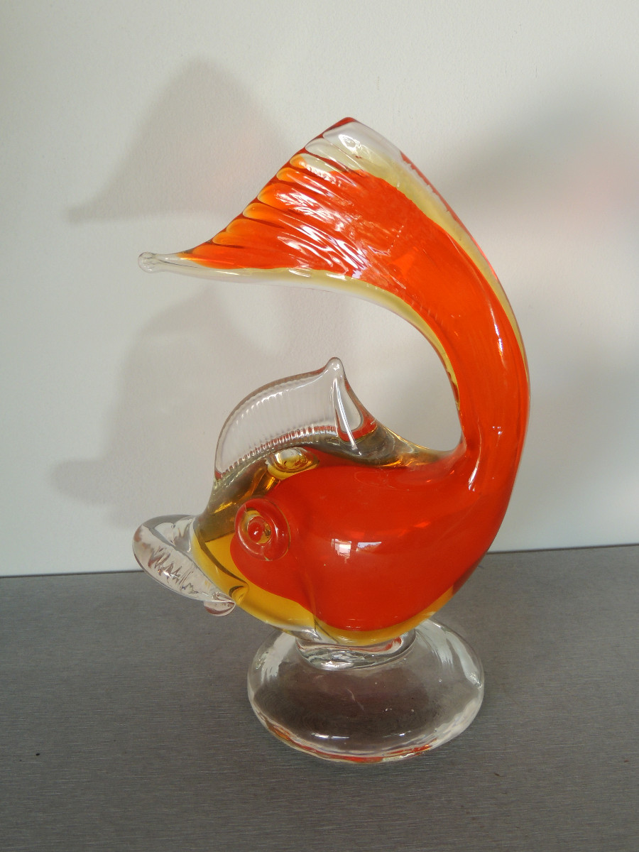 murano , poisson , dauphin stylisé  en verre  aux couleurs vives , des années 60  , 20 ème -photo-1