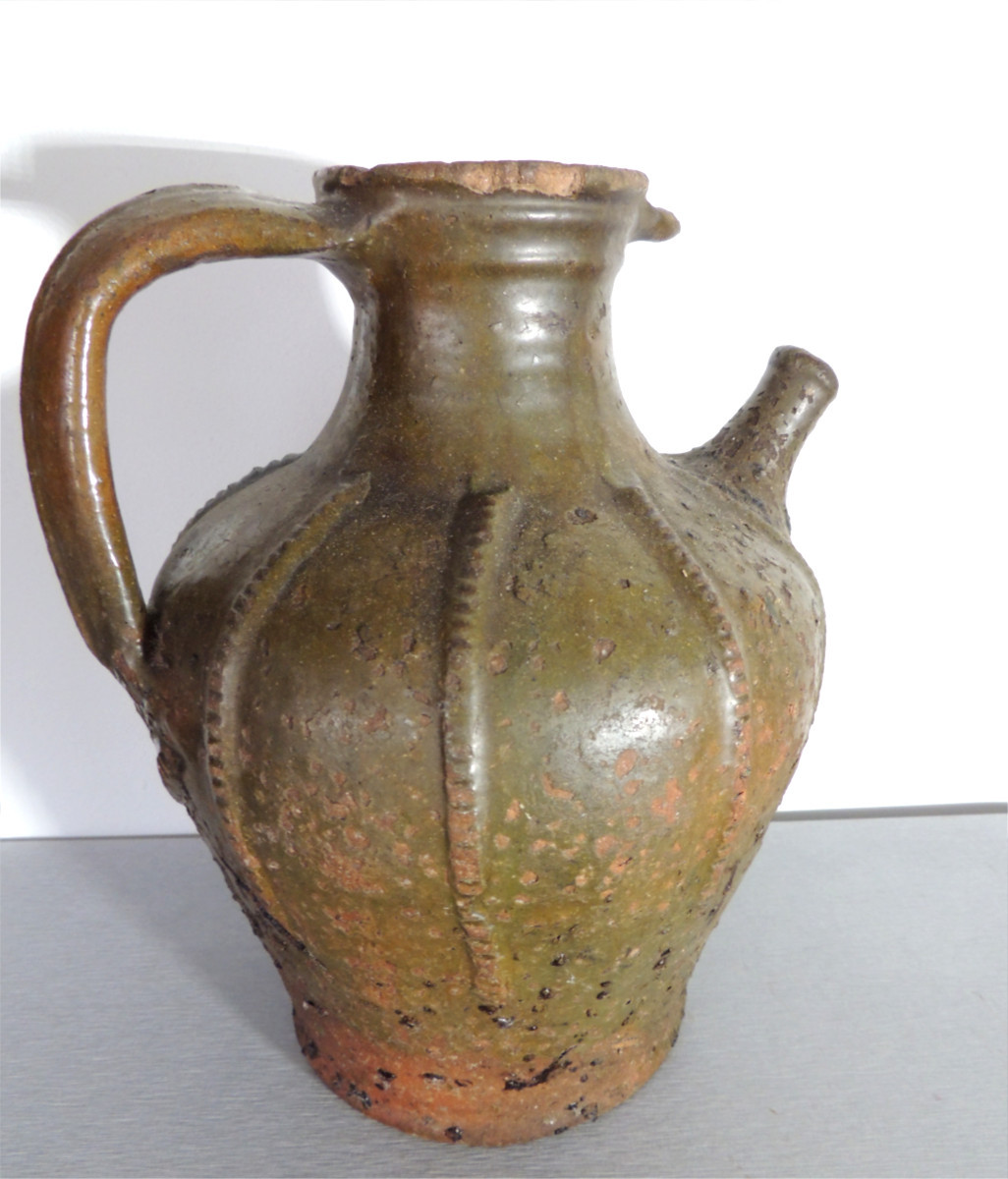 Glazed Pottery, Walnut Oil Jug, Auvergne Demijohn, Folk Art, 18th Century-photo-2