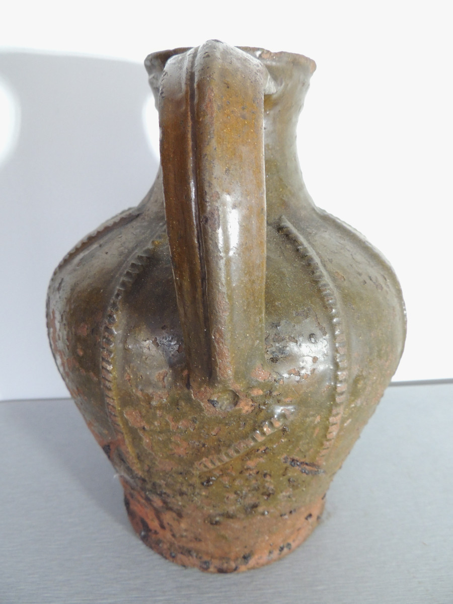 Glazed Pottery, Walnut Oil Jug, Auvergne Demijohn, Folk Art, 18th Century-photo-3
