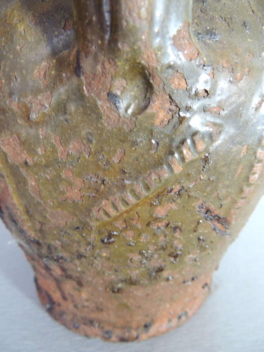 Glazed Pottery, Walnut Oil Jug, Auvergne Demijohn, Folk Art, 18th Century-photo-4
