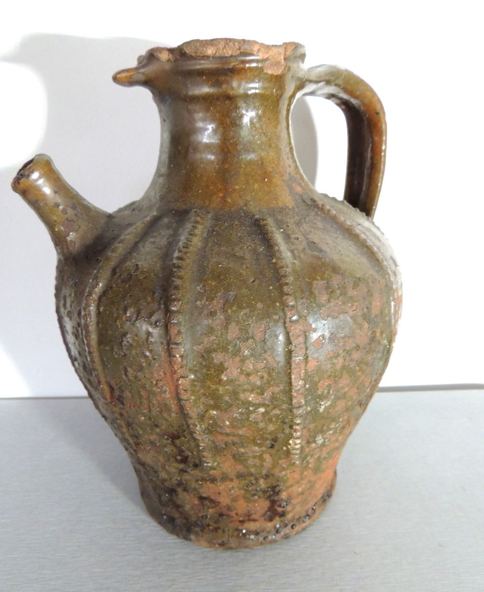Glazed Pottery, Walnut Oil Jug, Auvergne Demijohn, Folk Art, 18th Century-photo-1