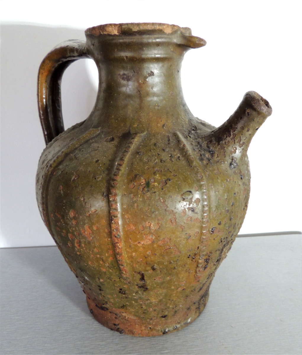 Glazed Pottery, Walnut Oil Jug, Auvergne Demijohn, Folk Art, 18th Century