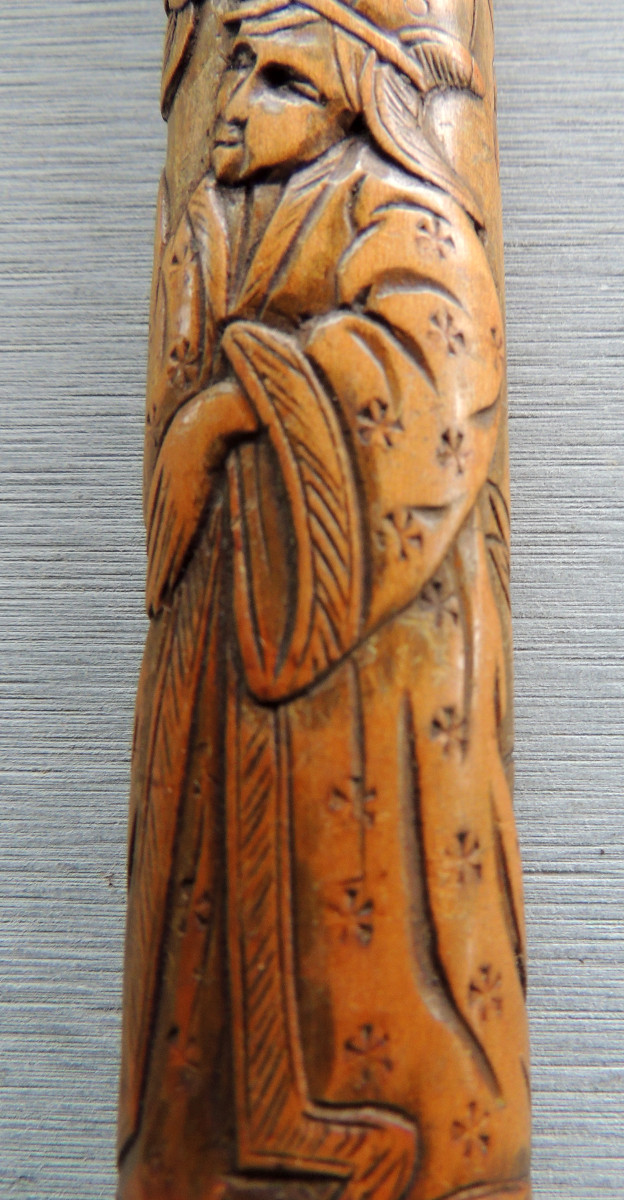 manche en bois d'ombrelle pommeau sculpté  décor d'un homme Asiatique sous un fruitier, 19 ème-photo-1