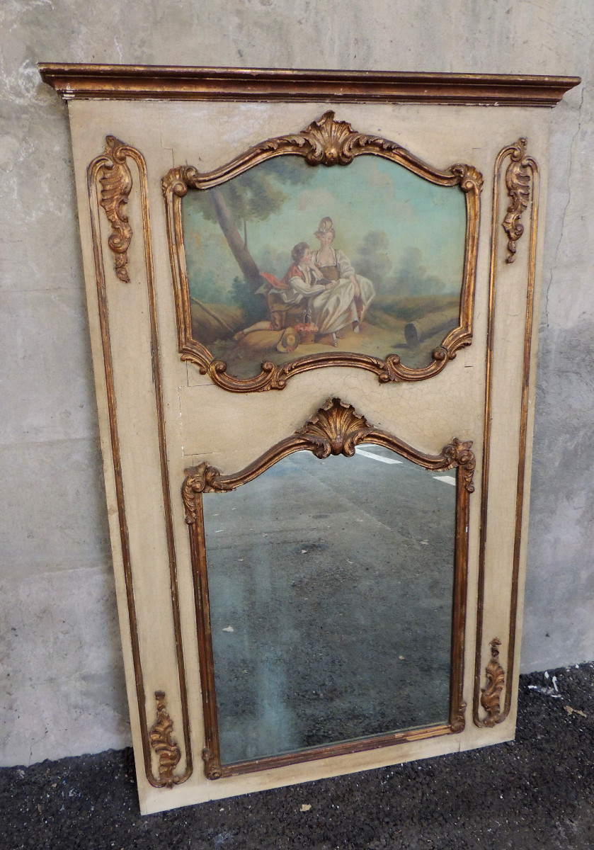 trumeau peint , décor sur toile d'un jeune couple mangeant du raisin , Louis XV , 18 ème siècle-photo-2