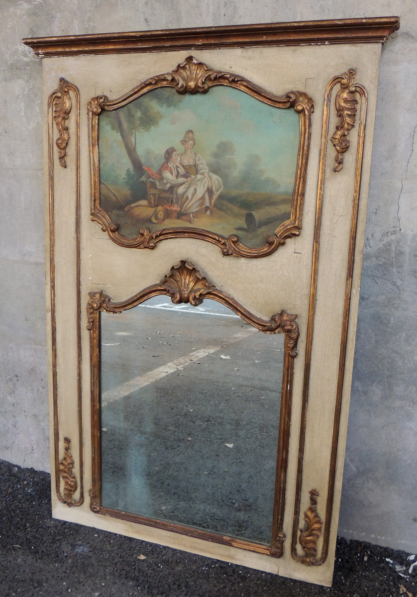 trumeau peint , décor sur toile d'un jeune couple mangeant du raisin , Louis XV , 18 ème siècle-photo-3