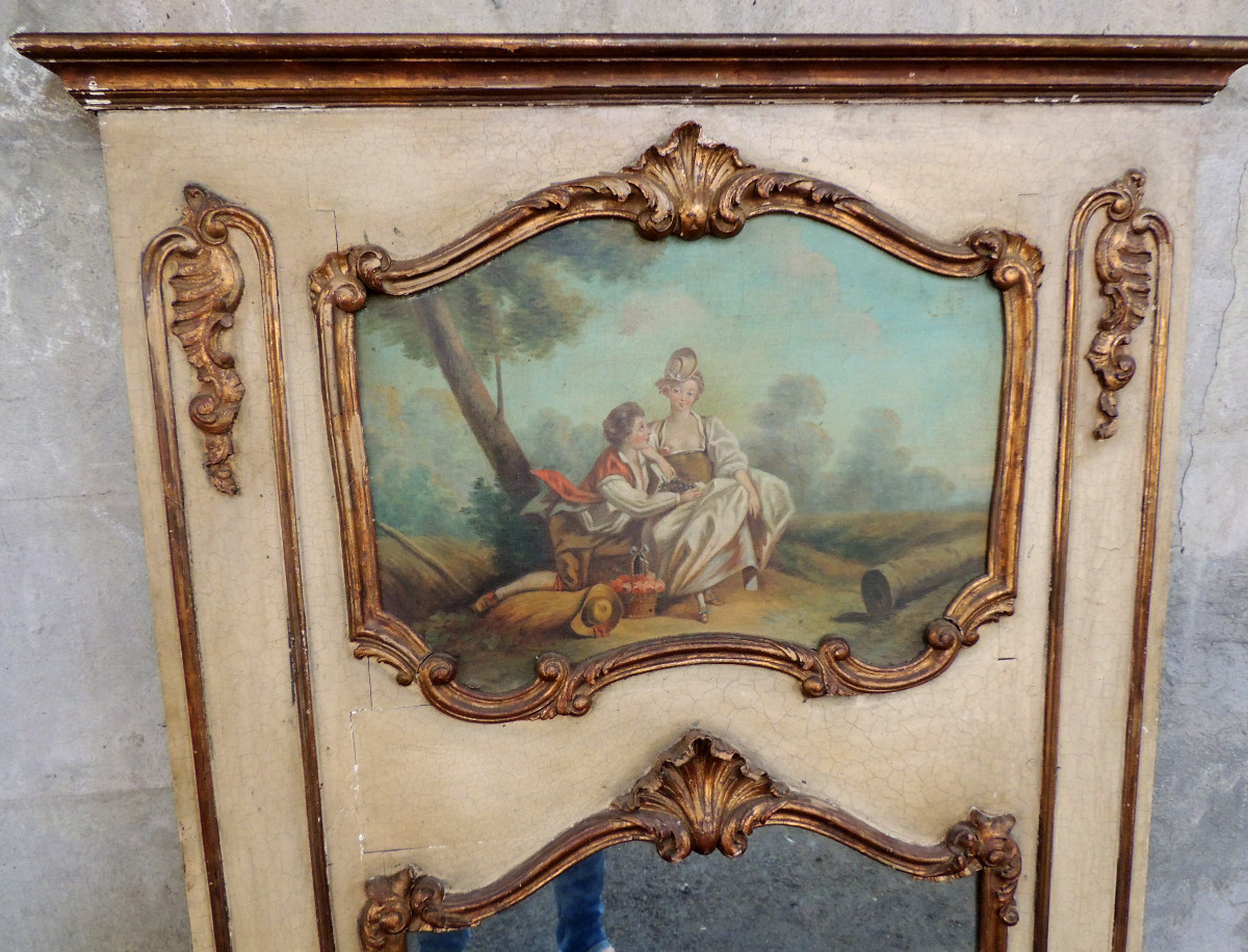 trumeau peint , décor sur toile d'un jeune couple mangeant du raisin , Louis XV , 18 ème siècle-photo-1