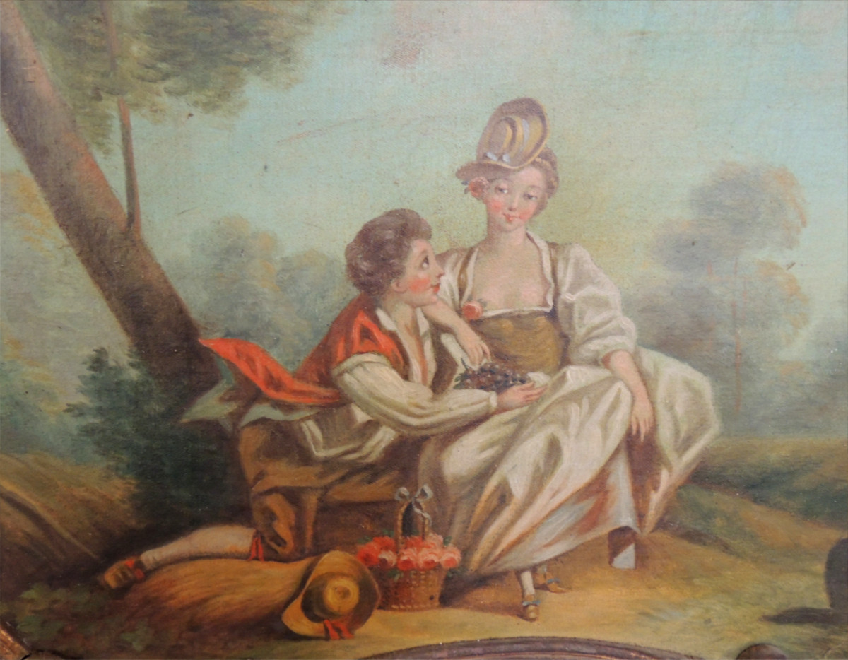 trumeau peint , décor sur toile d'un jeune couple mangeant du raisin , Louis XV , 18 ème siècle-photo-3