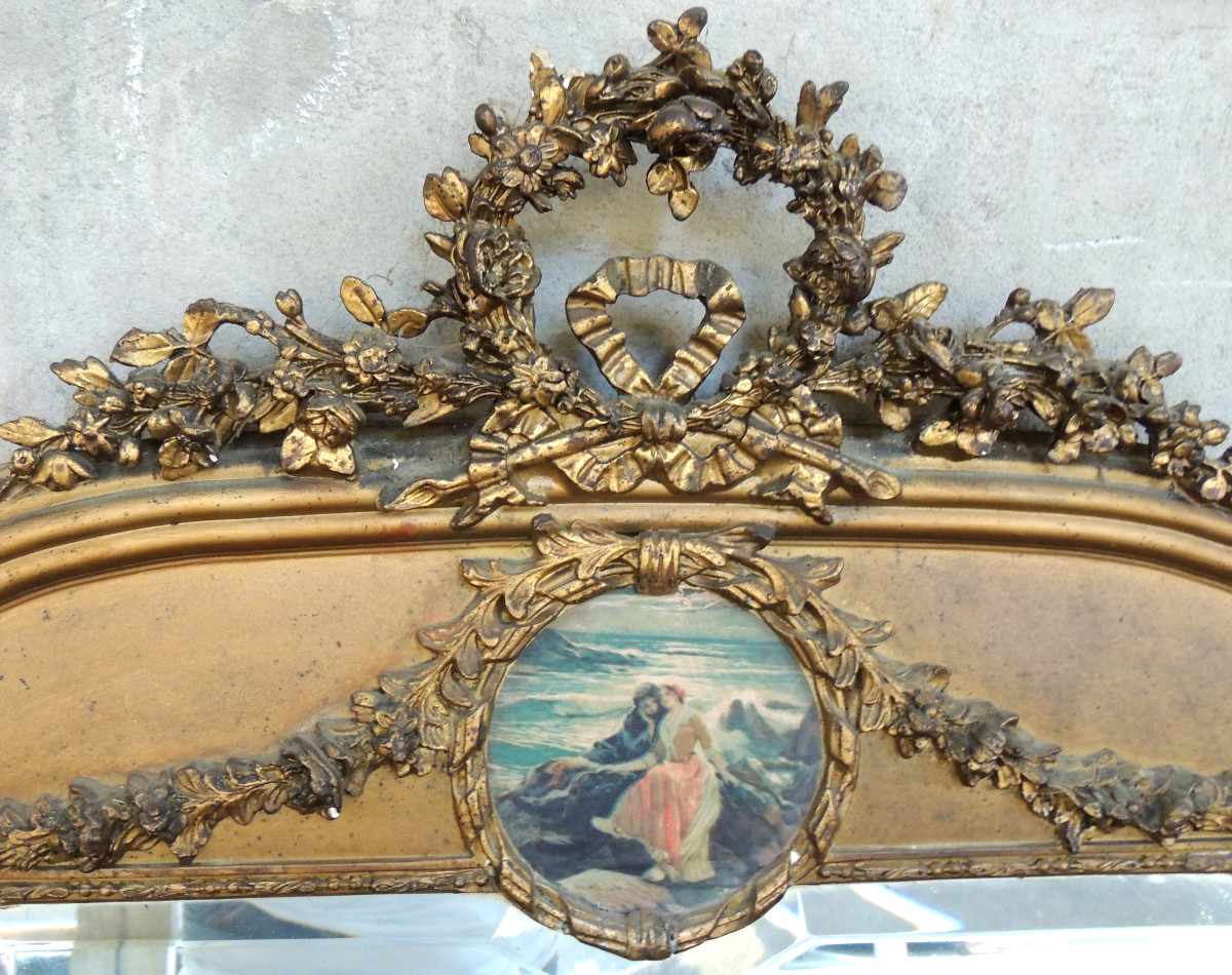 glace , miroir doré de style Louis XVI en bois et stuc , petit trumeau pour cheminée fin 19 ème-photo-3