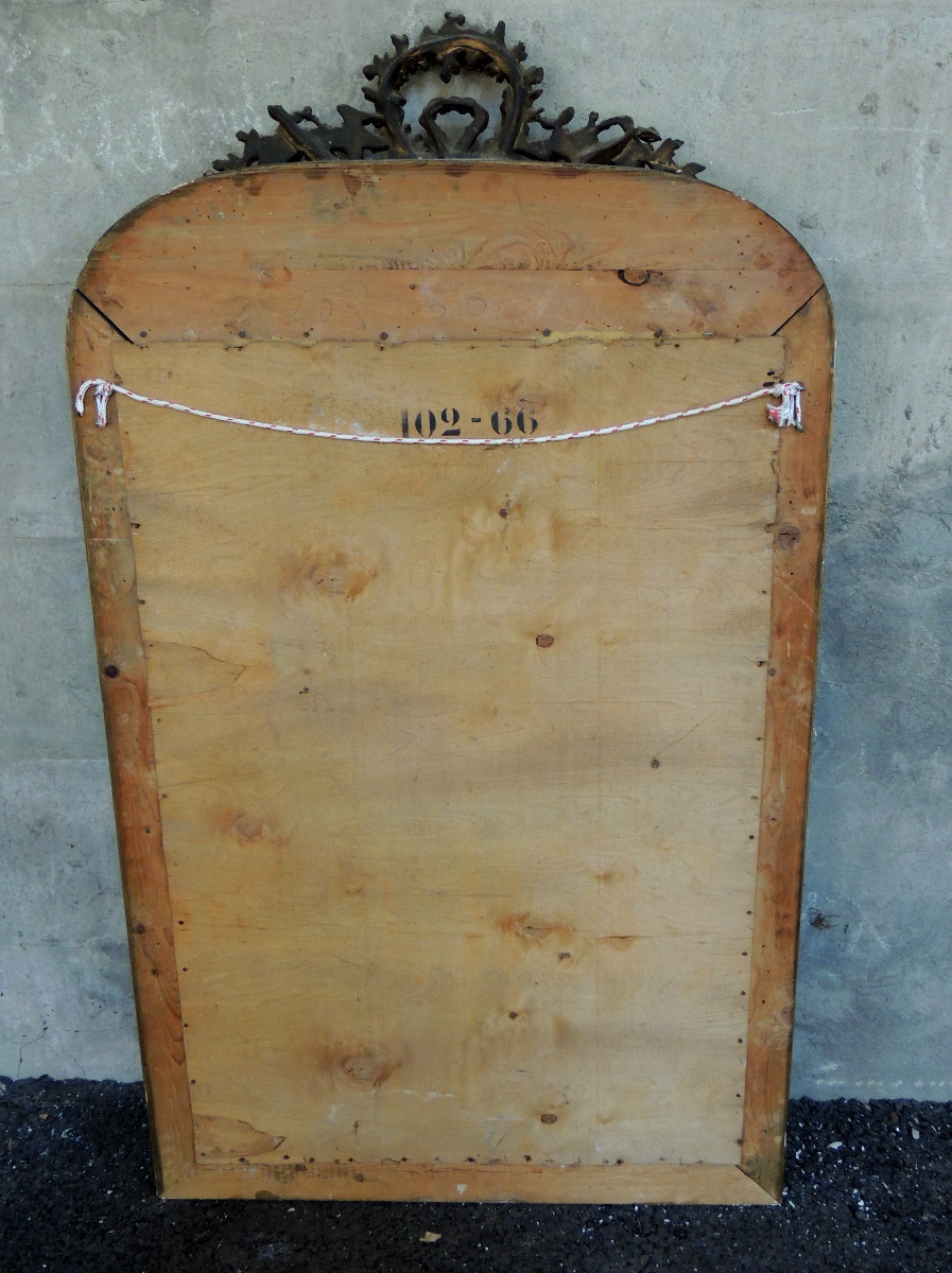 glace , miroir doré de style Louis XVI en bois et stuc , petit trumeau pour cheminée fin 19 ème-photo-1
