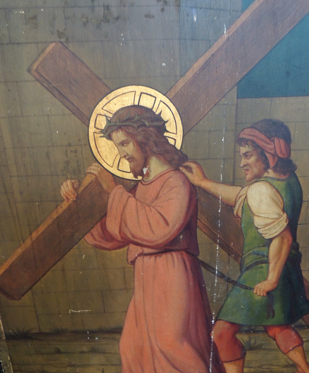 peinture à l'huile sur bois avec réhausse d'or scène du  christ portant sa croix , début 19 ème-photo-3