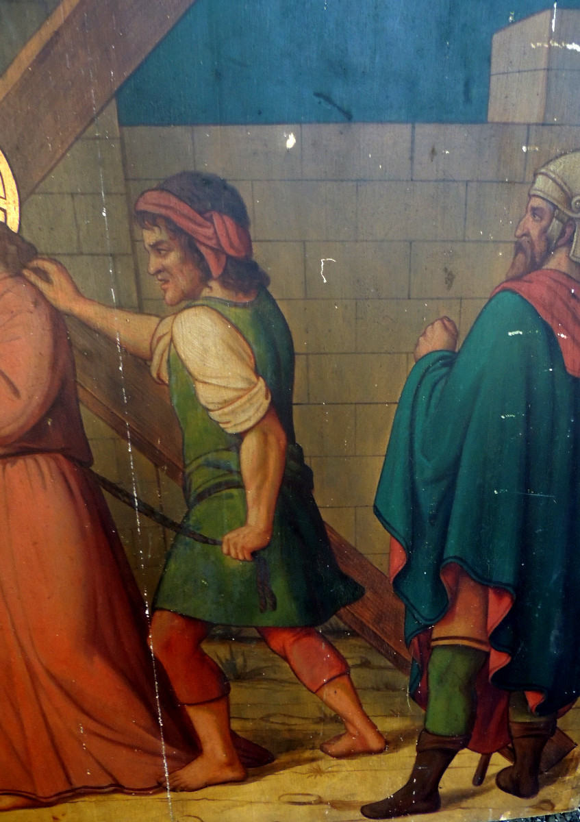 peinture à l'huile sur bois avec réhausse d'or scène du  christ portant sa croix , début 19 ème-photo-4