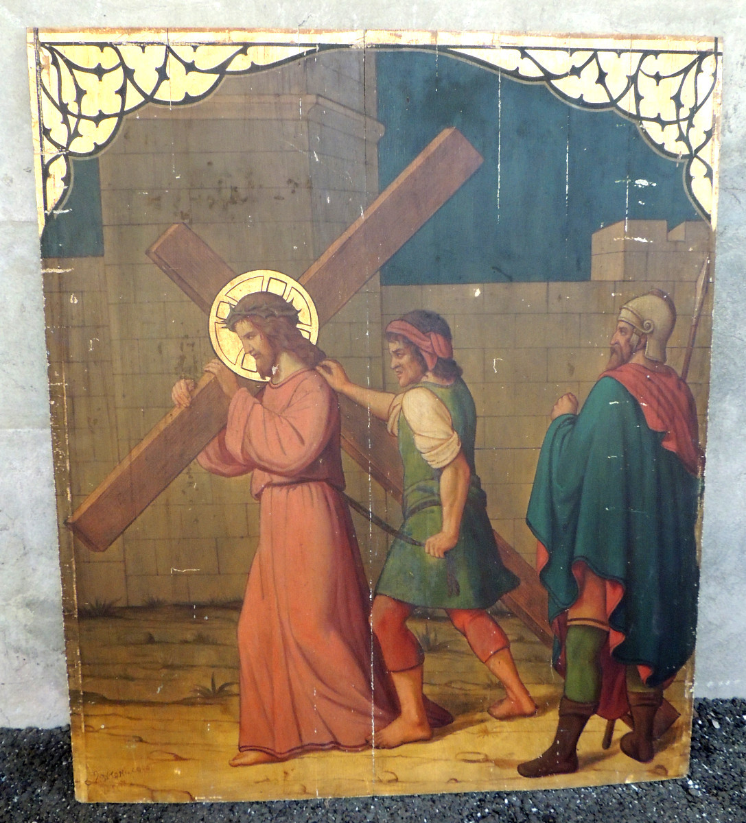 peinture à l'huile sur bois avec réhausse d'or scène du  christ portant sa croix , début 19 ème