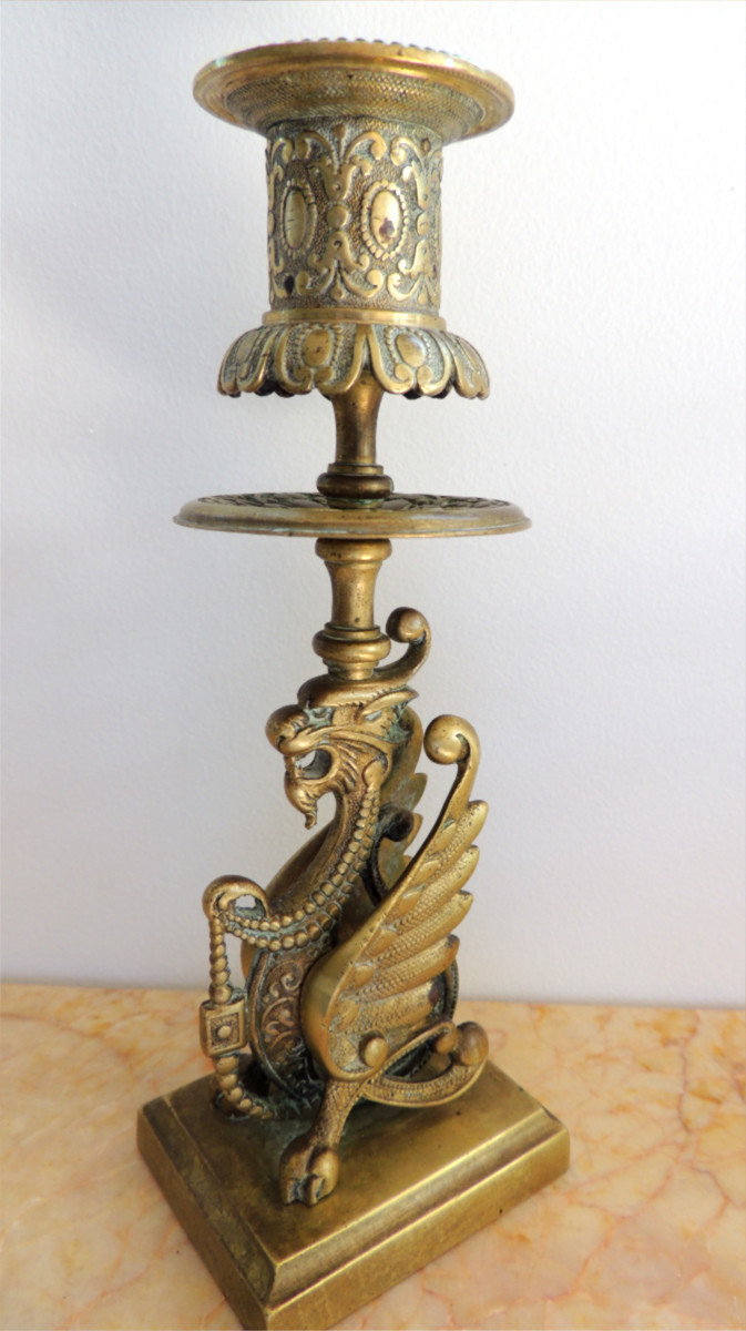 paire de bougeoirs en bronze doré , flambeaux  modèle aux dragons style baroque , début 19 ème-photo-3