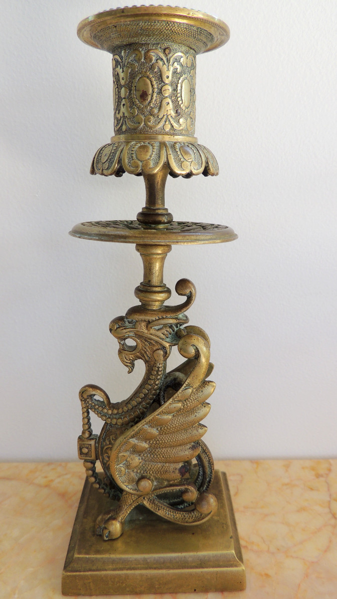 paire de bougeoirs en bronze doré , flambeaux  modèle aux dragons style baroque , début 19 ème-photo-4